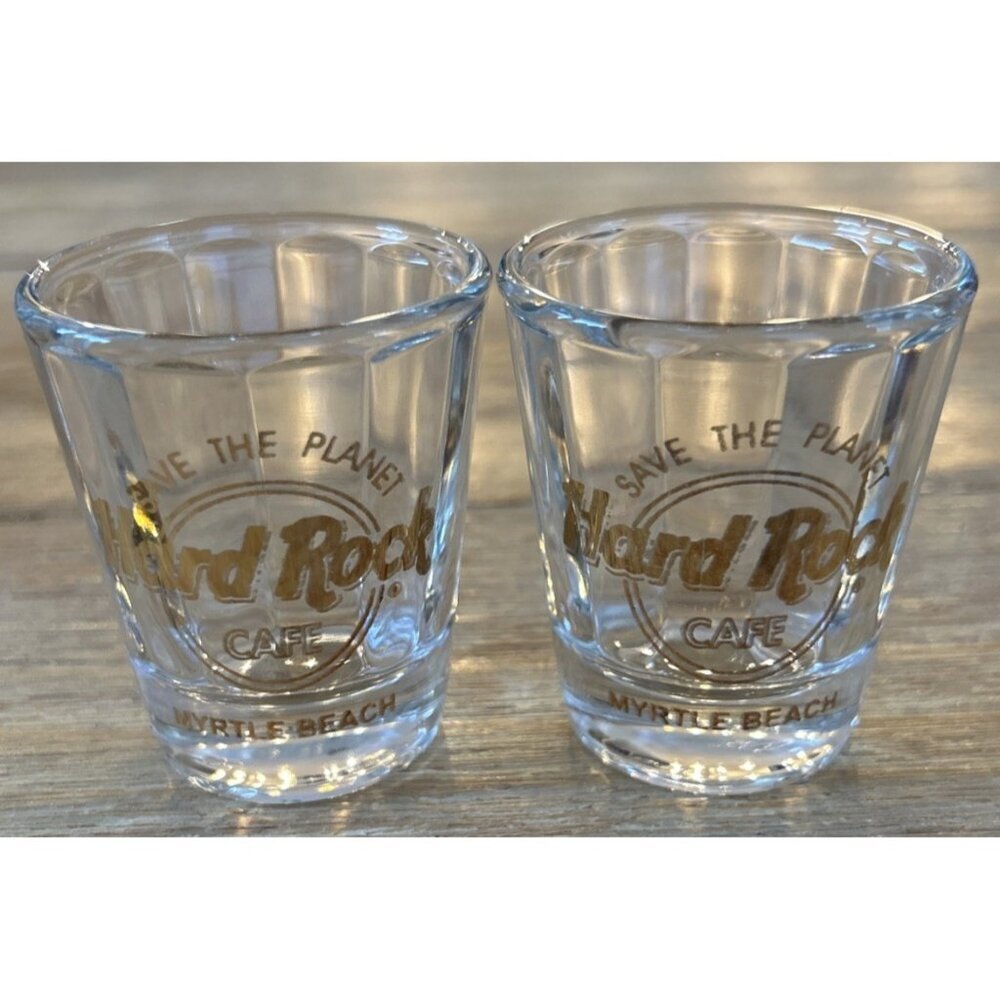 2 - Hard Rock Cafe Myrtle Beach Shot Glasses Beveled Gold Lettering